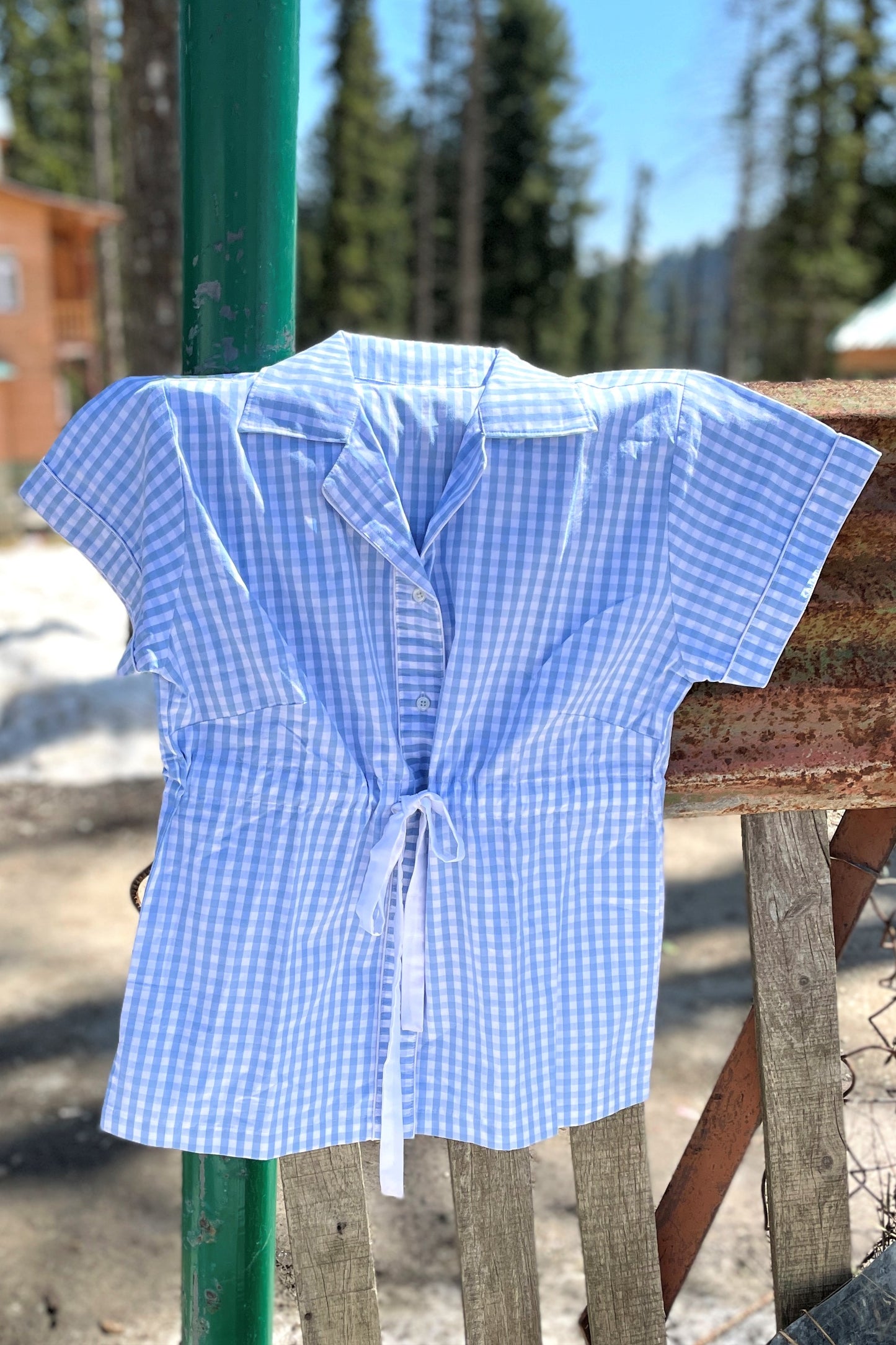 Women's Half Sleeves Shirt with Shorts Nightsuit - Blue White Checks