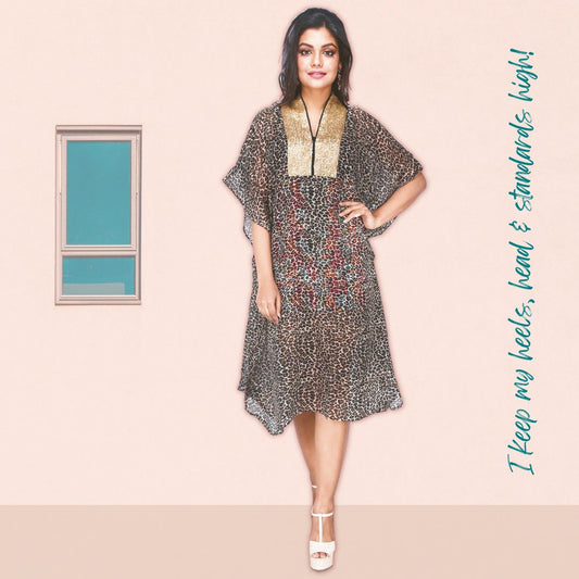 Women's Printed Black Kaftan With Sequin Collar