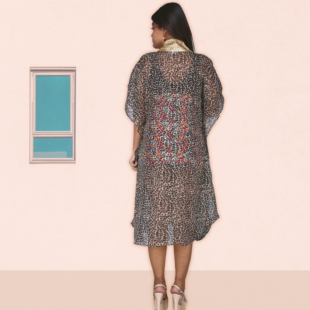 Women's Printed Black Kaftan With Sequin Collar