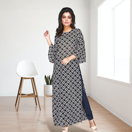 Women's Printed Full Sleeve Black Long Dress