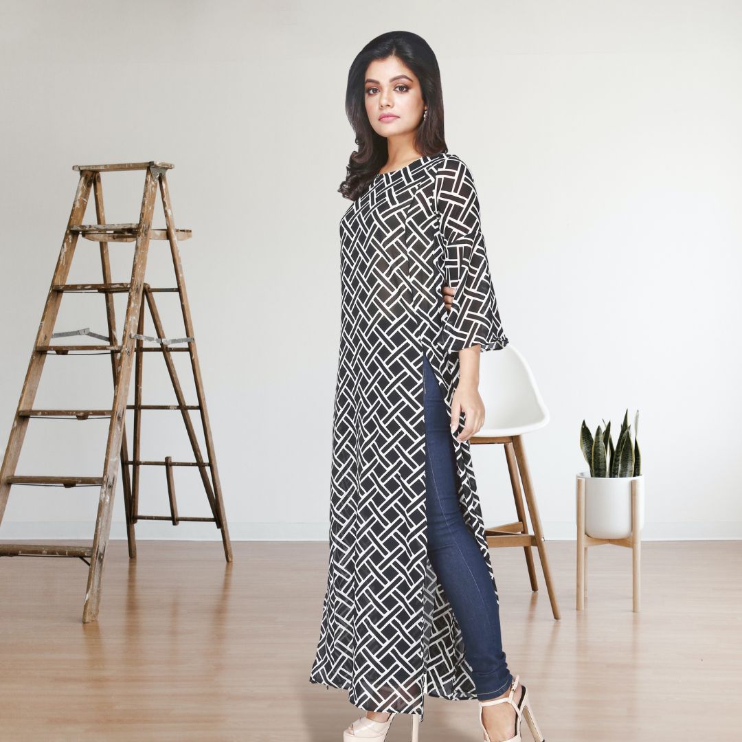 Women's Printed Full Sleeve Black Long Dress