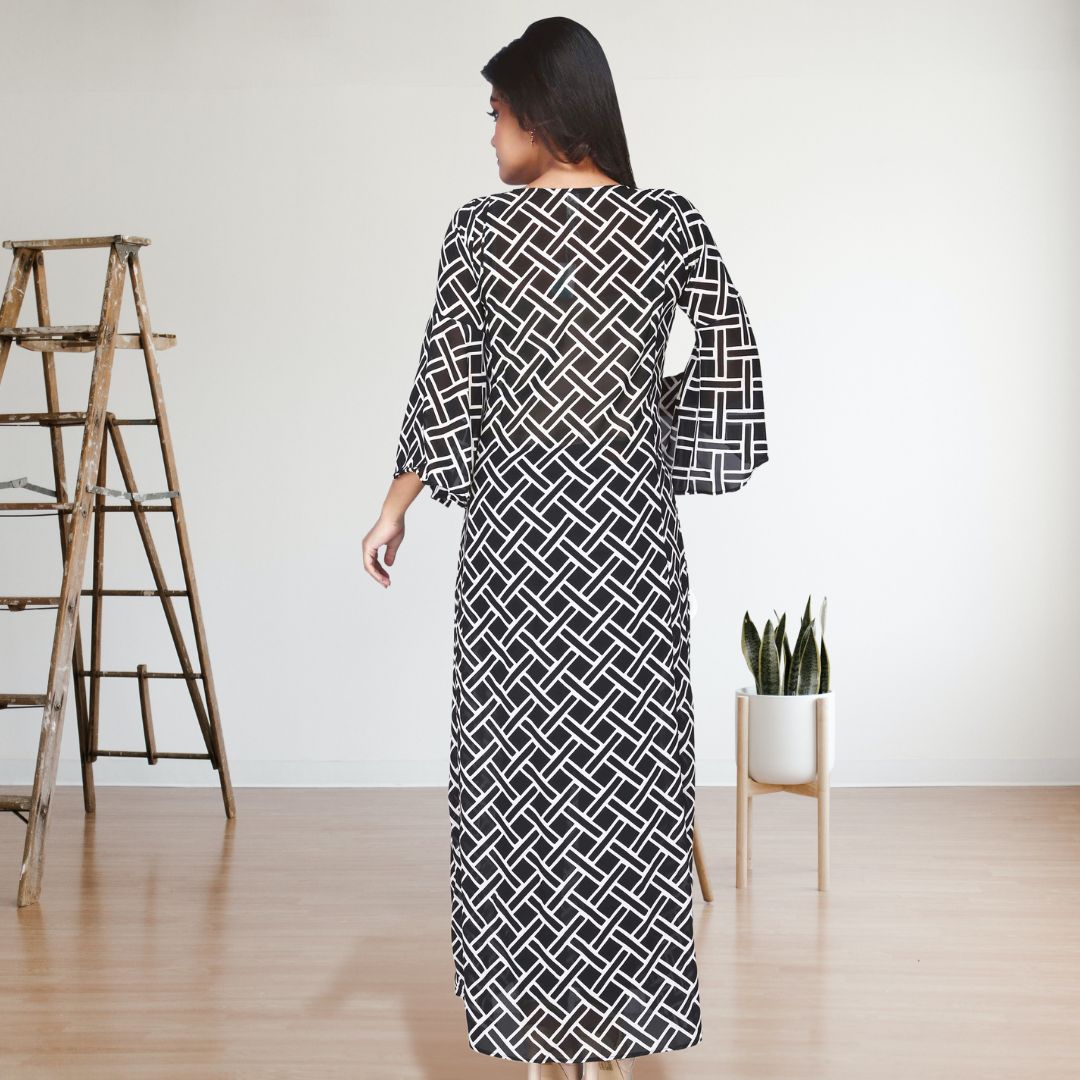 Women's Printed Full Sleeve Black Long Dress
