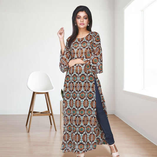 Women's Printed Full Sleeve Brown Long Dress