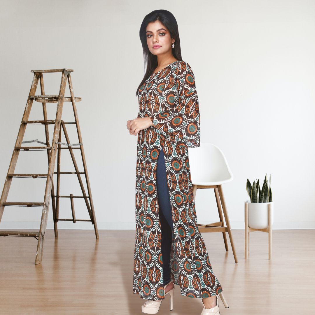 Women's Printed Full Sleeve Brown Long Dress