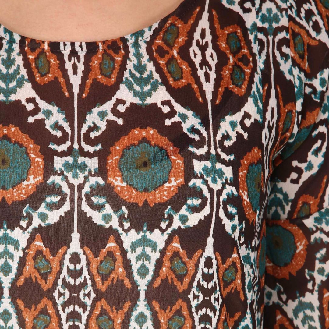 Women's Printed Full Sleeve Brown Long Dress