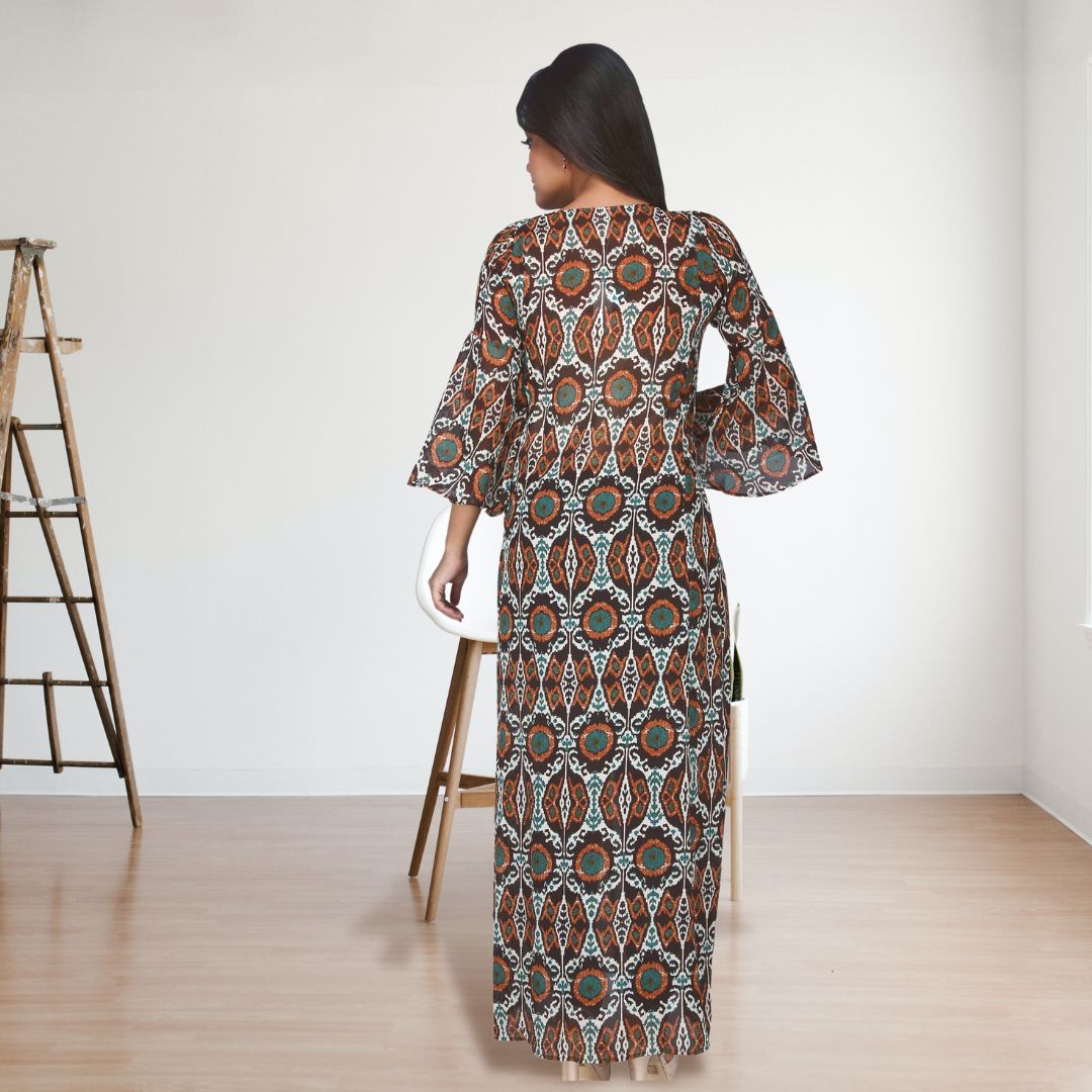 Women's Printed Full Sleeve Brown Long Dress