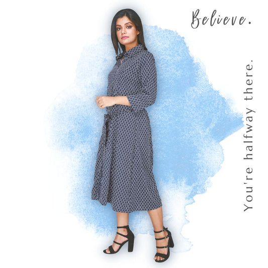 Women's Printed Navy Midi Dress