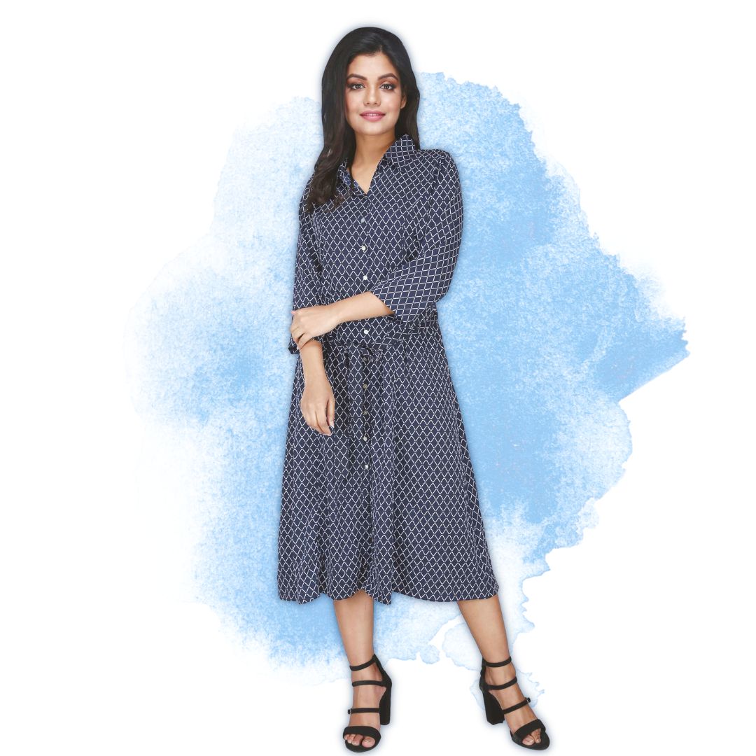 Women's Printed Navy Midi Dress