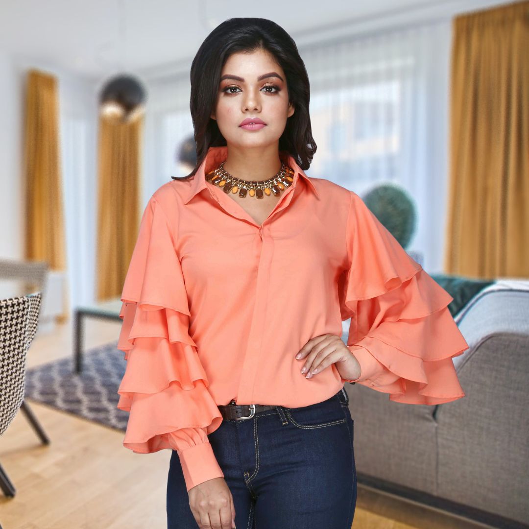 Women's Solid Colour Ruffled Sleeve Shirt