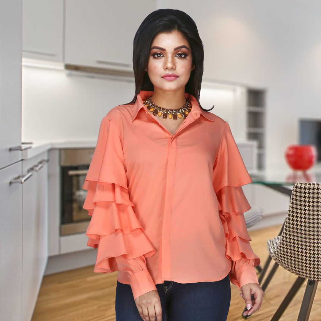 Women's Solid Colour Ruffled Sleeve Shirt