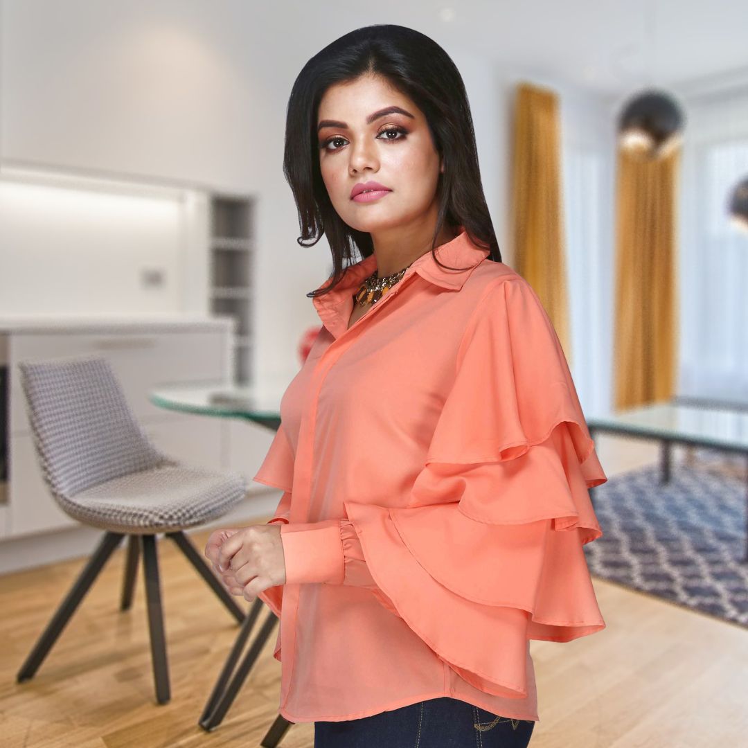 Women's Solid Colour Ruffled Sleeve Shirt