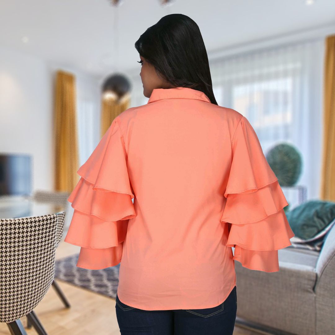 Women's Solid Colour Ruffled Sleeve Shirt