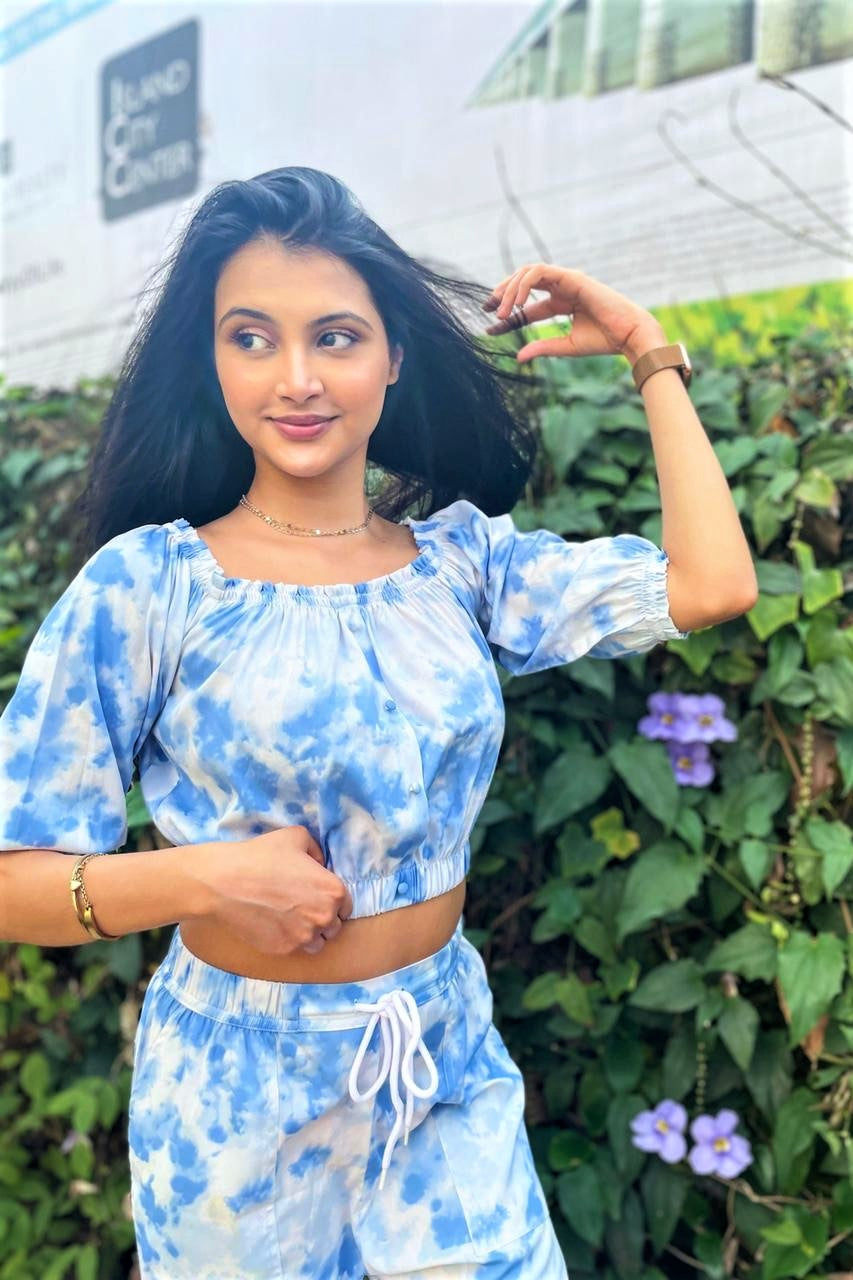 Women's TIE- n- DYE - Off Shoulder Co-Ord Set - Dove Blue