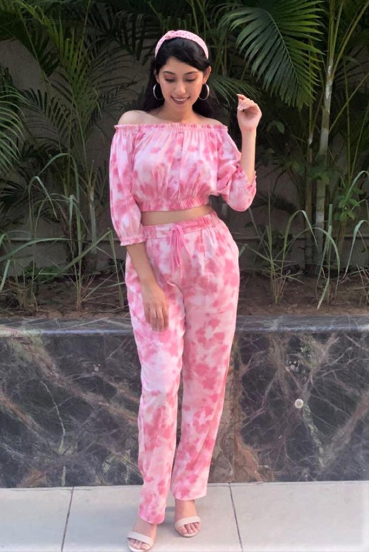 Women's TIE- n- DYE - Off Shoulder Co-Ord Set - Porcelain Pink