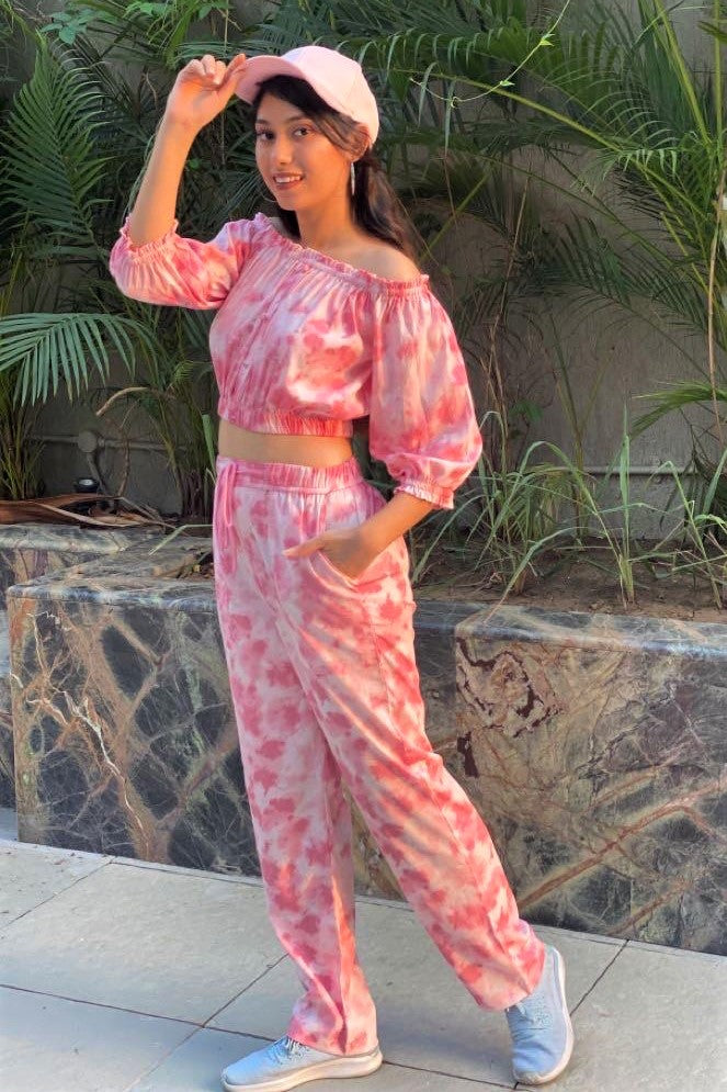 Women's TIE- n- DYE - Off Shoulder Co-Ord Set - Porcelain Pink