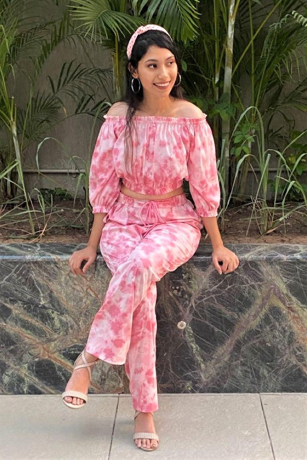 Women's TIE- n- DYE - Off Shoulder Co-Ord Set - Porcelain Pink