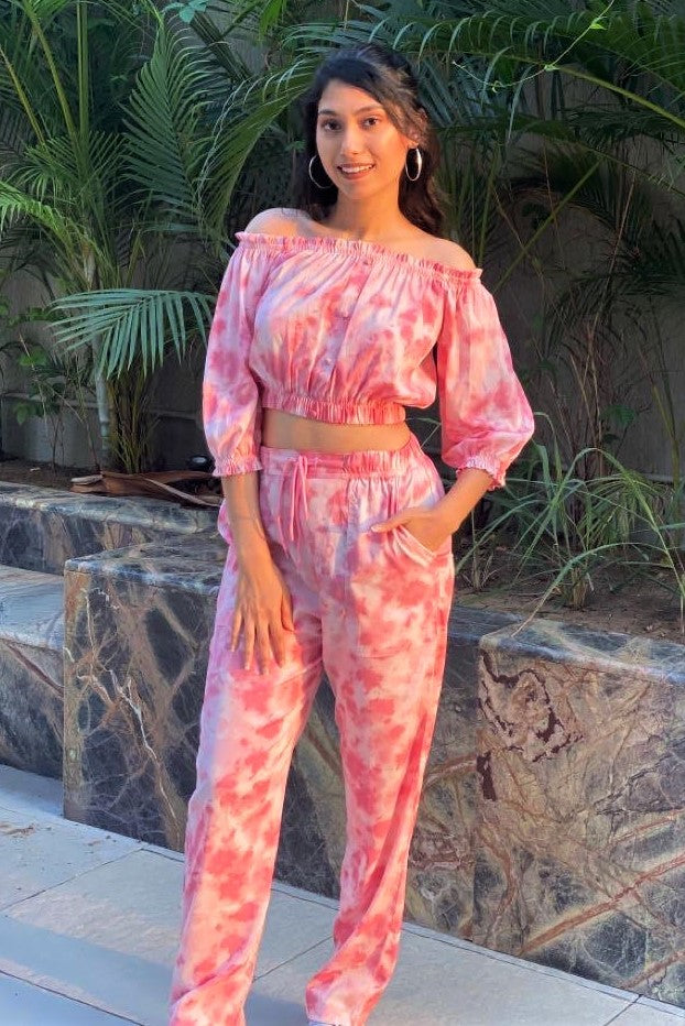 Women's TIE- n- DYE - Off Shoulder Co-Ord Set - Porcelain Pink
