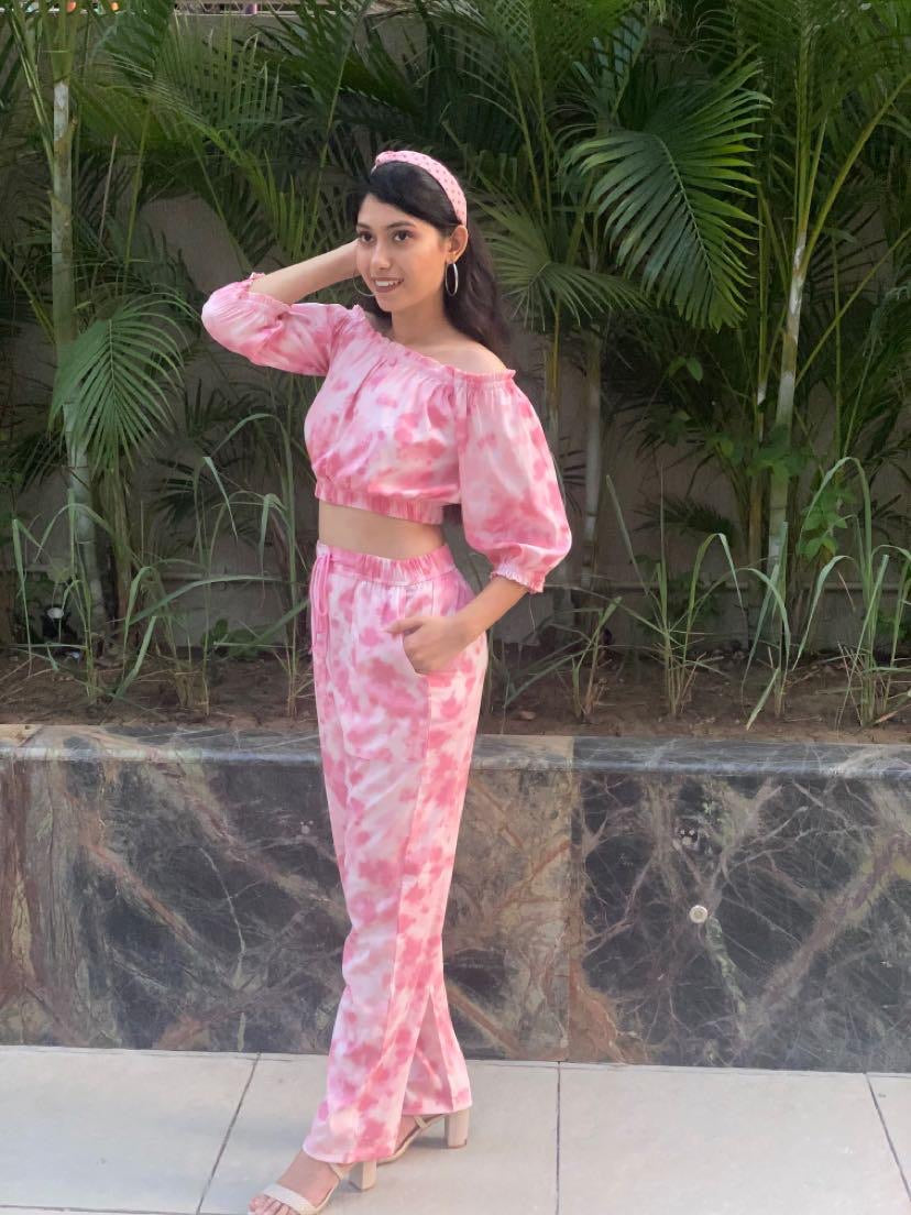 Women's TIE- n- DYE - Off Shoulder Co-Ord Set - Porcelain Pink