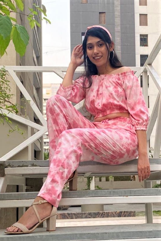 Women's TIE- n- DYE - Off Shoulder Co-Ord Set - Porcelain Pink