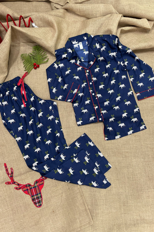 Women's Viscose Nightsuit - Moose Navy