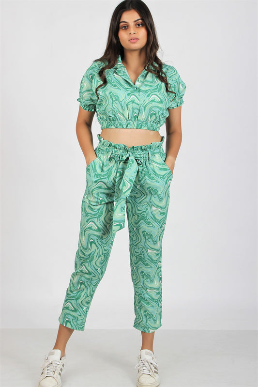 Womens Crop Top Co-ord Set - Spiral-Jade-Green