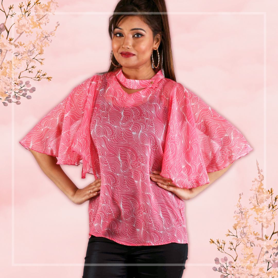 Women's Casual Pink Top With Butterfly Sleeve