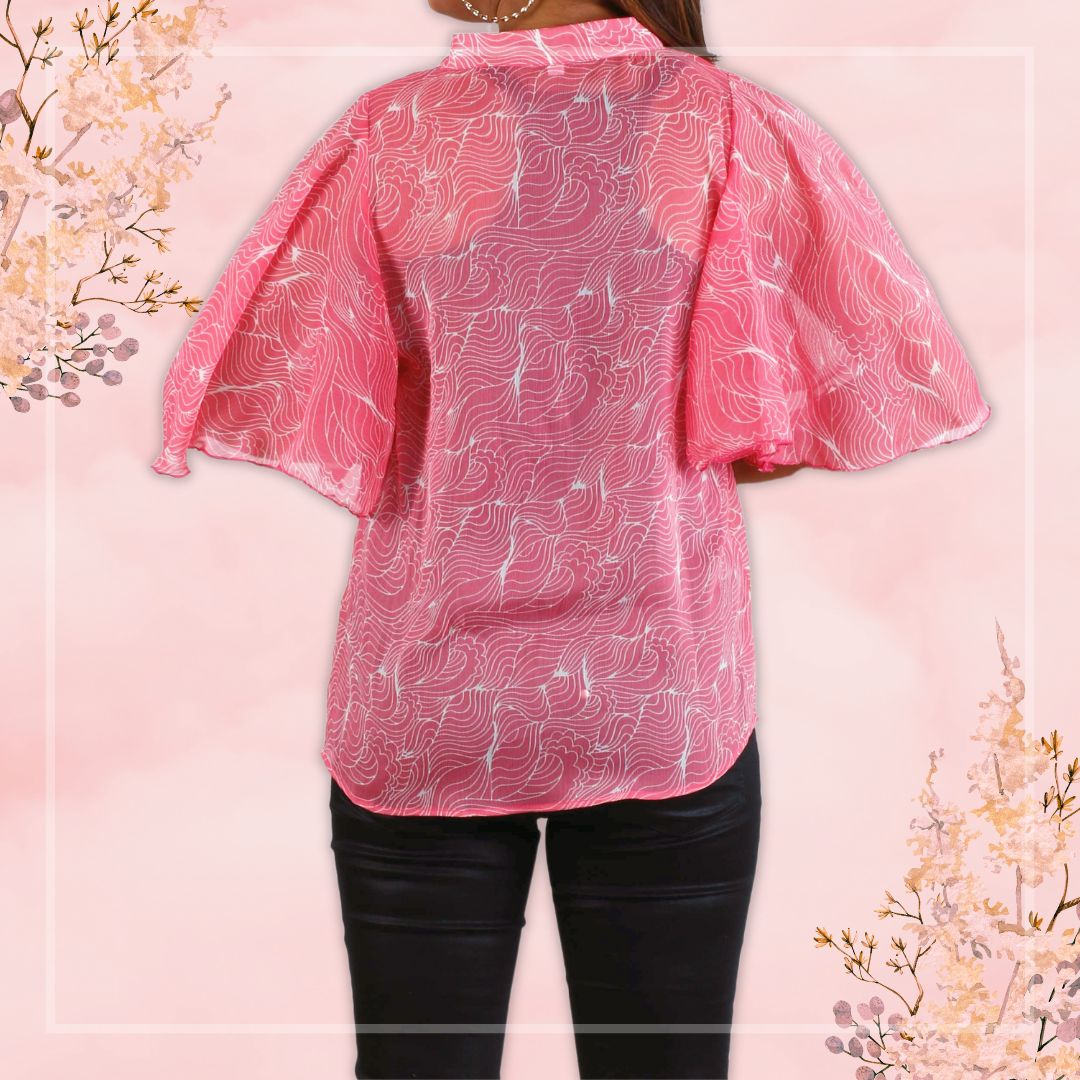 Women's Casual Pink Top With Butterfly Sleeve