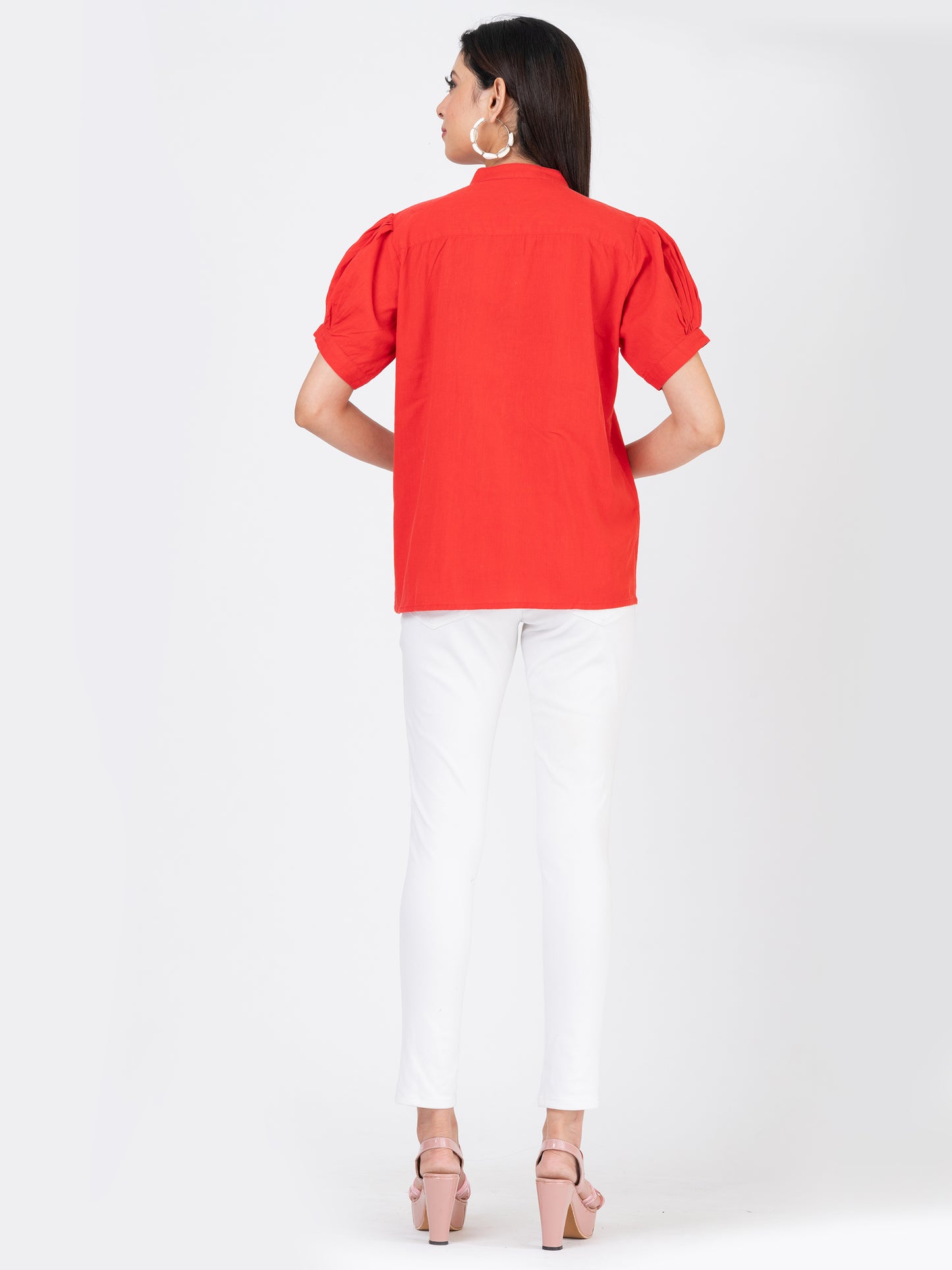 Women's Cotton Linen Summer Puffed Sleeve Top