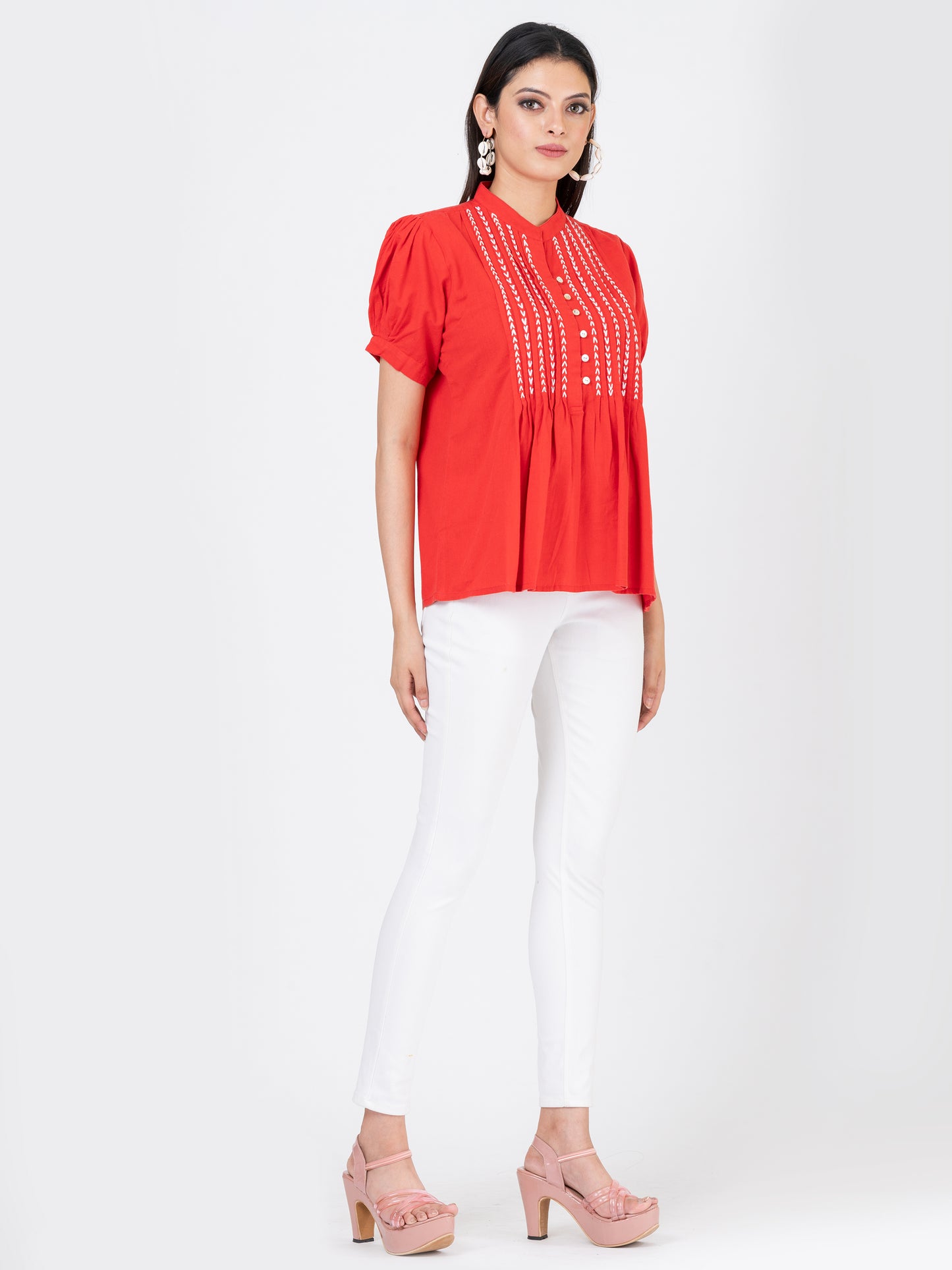 Women's Cotton Linen Summer Puffed Sleeve Top