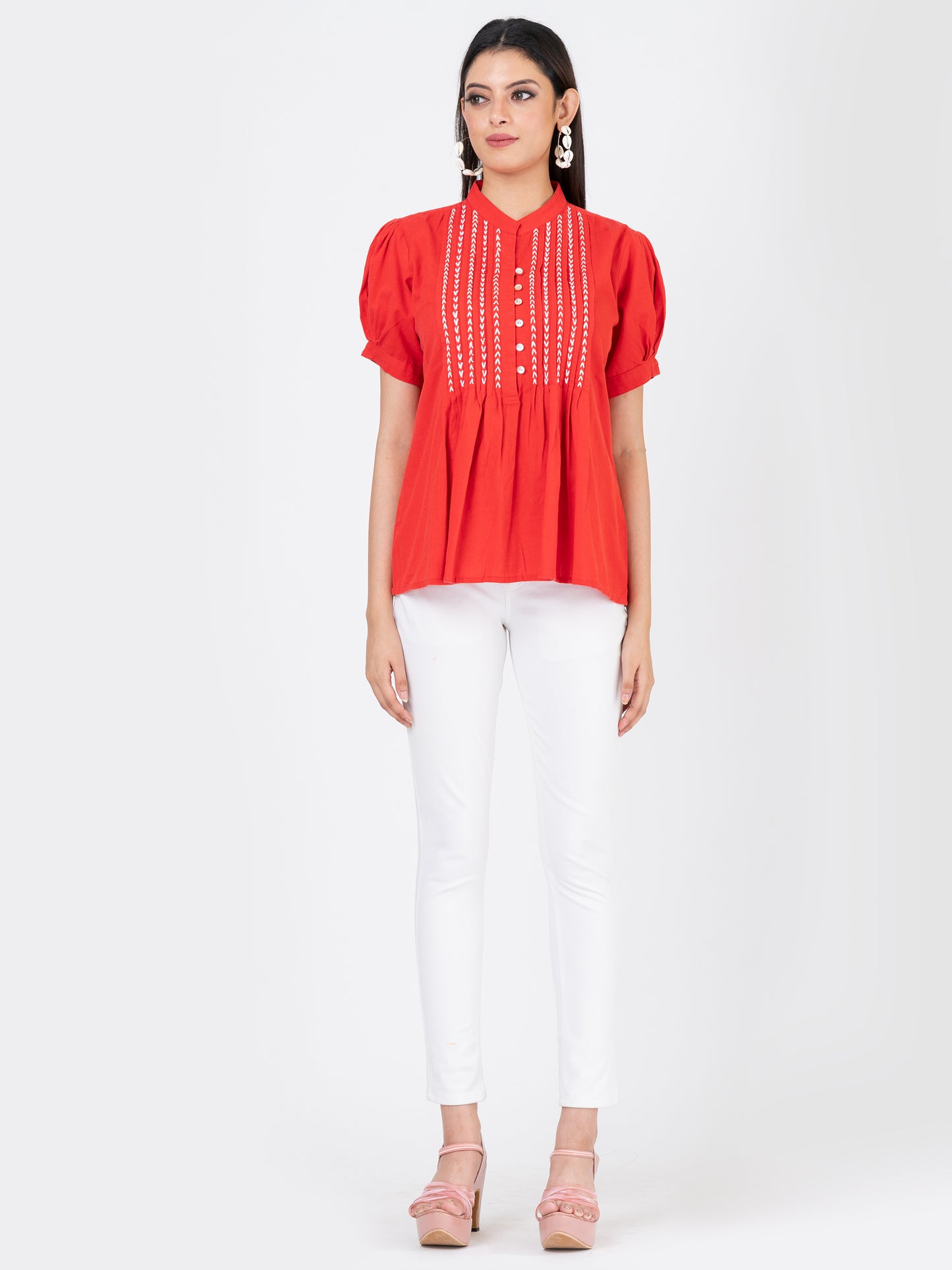 Women's Cotton Linen Summer Puffed Sleeve Top