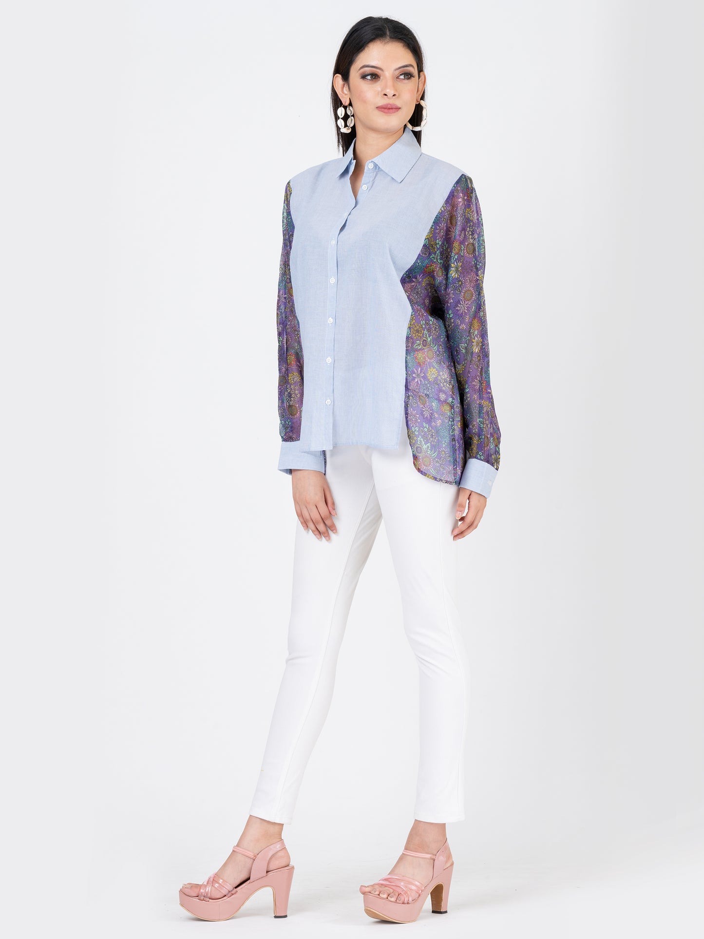 Womens Oversized Shirt with Floral Chiffon Sleeves