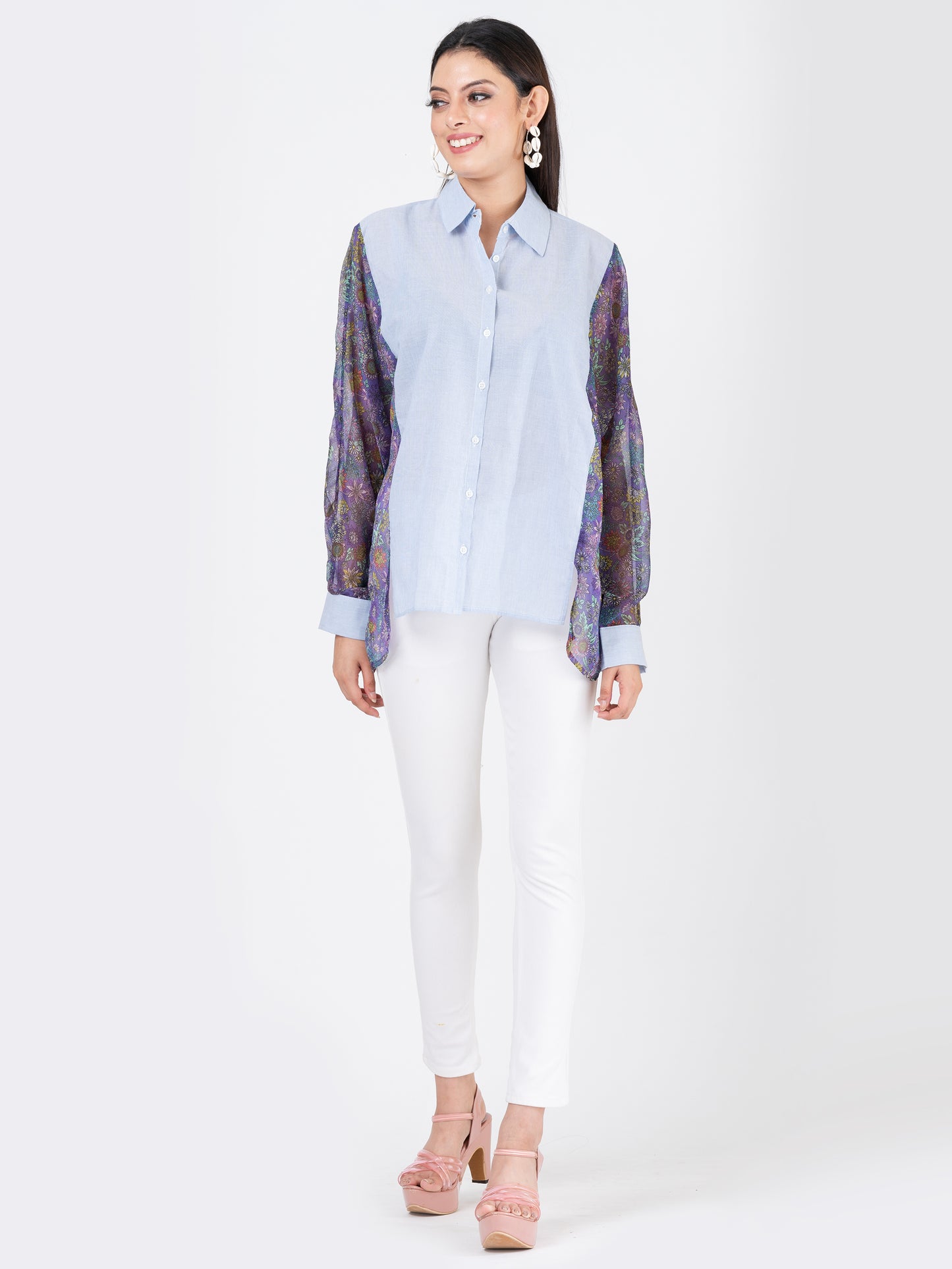 Womens Oversized Shirt with Floral Chiffon Sleeves