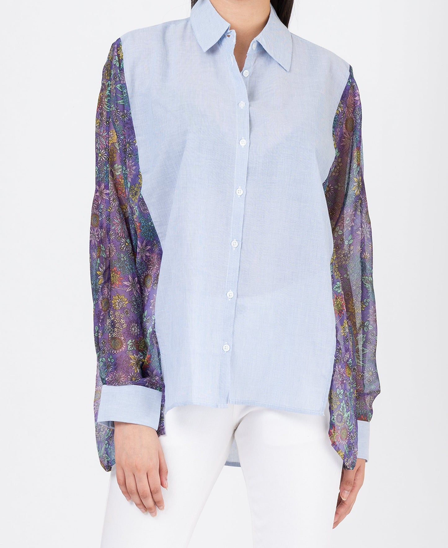 Womens Oversized Shirt with Floral Chiffon Sleeves