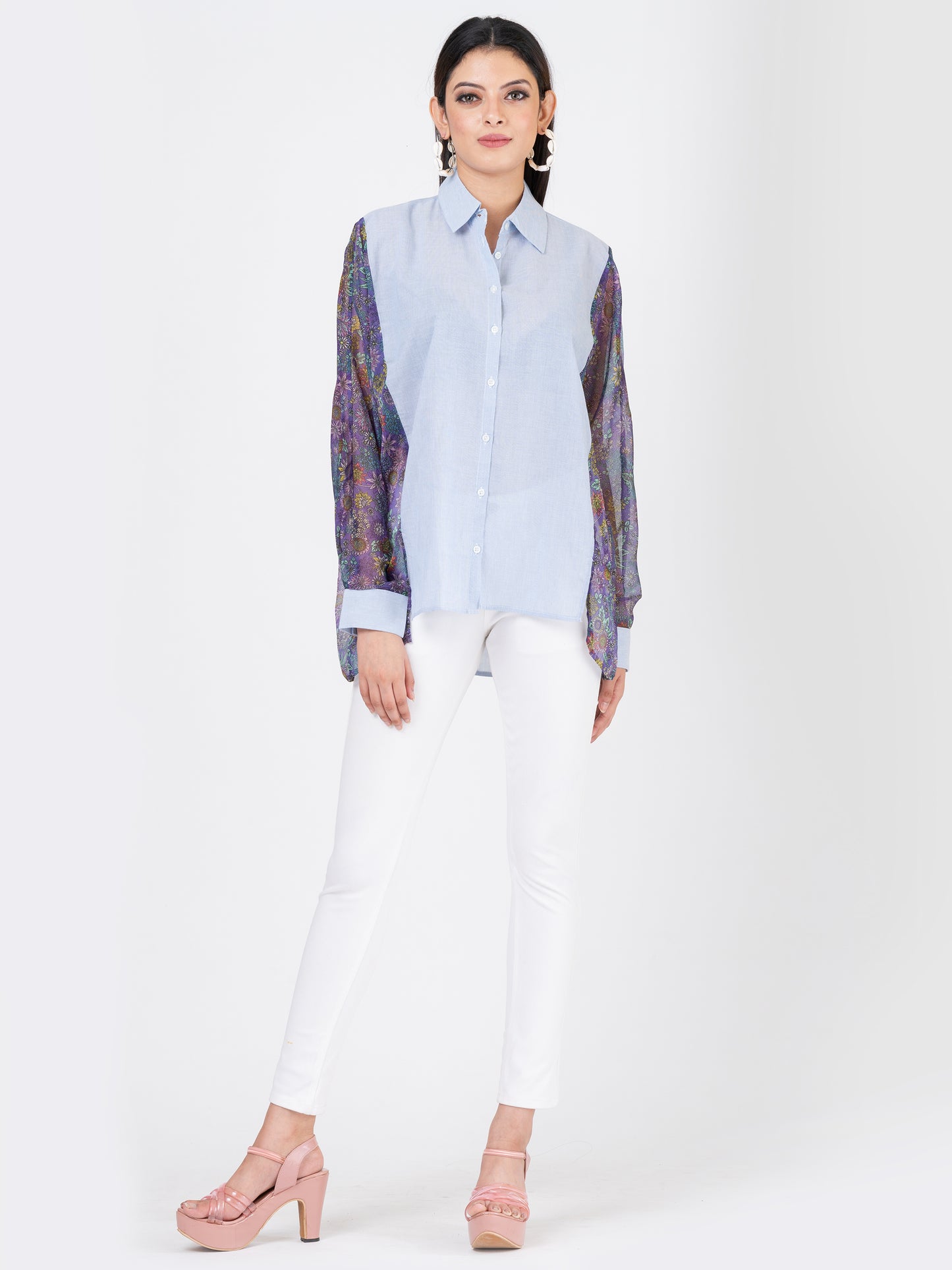 Womens Oversized Shirt with Floral Chiffon Sleeves