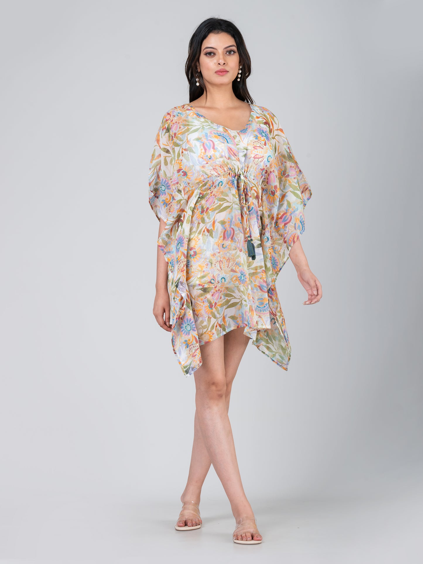 Women's Printed Sheer Cover Up Hand  Sequin Embroidered Kaftan