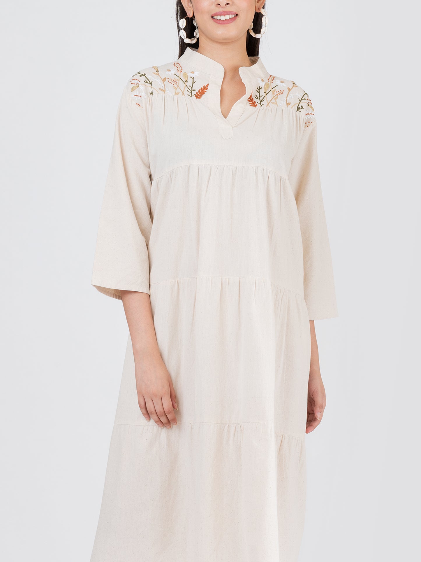 Women's Linen Cotton French Knot Hand Embroidered Tier Dress