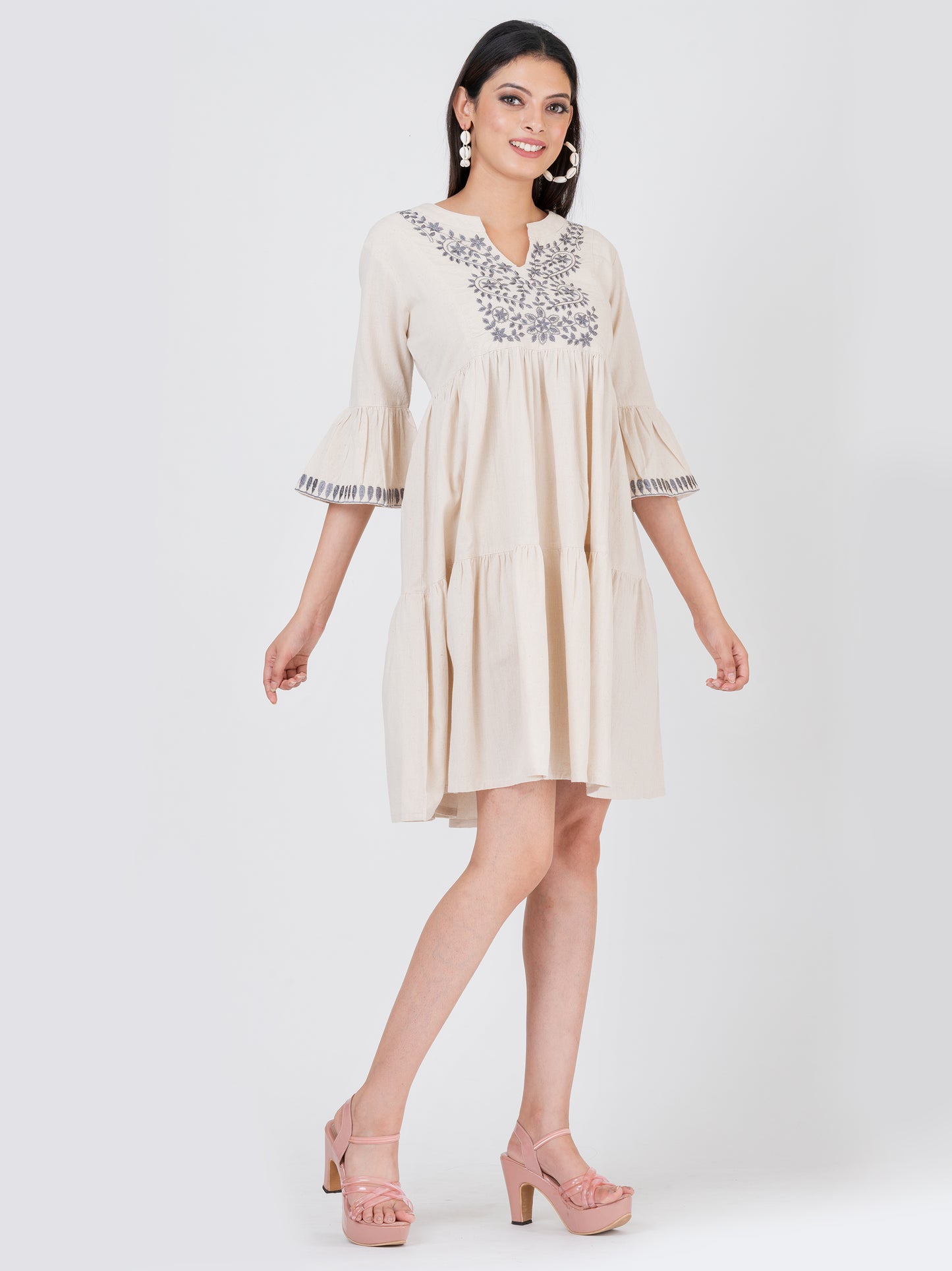 Women’s Linen Cotton Embroidered Ruffled Sleeve Tier Dress