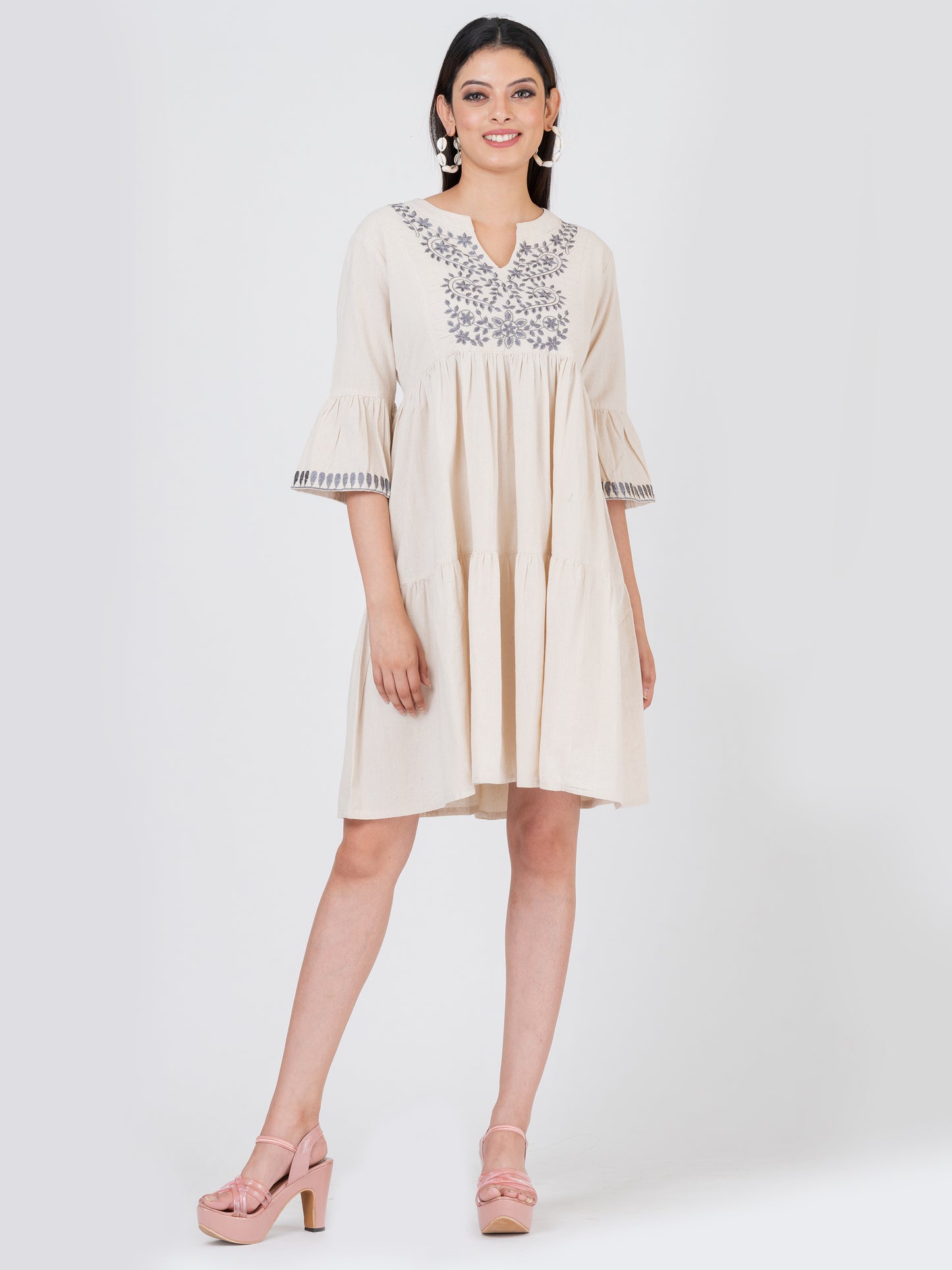 Women’s Linen Cotton Embroidered Ruffled Sleeve Tier Dress