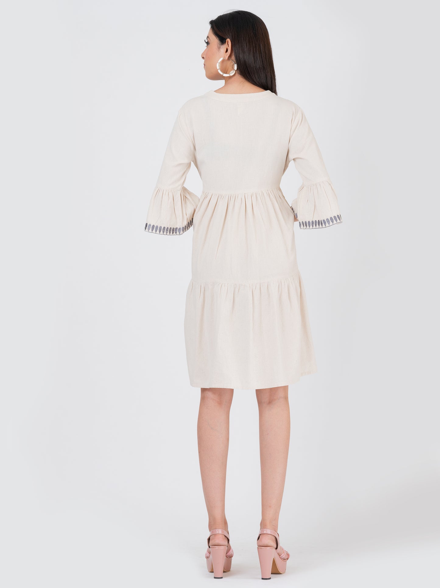 Women’s Linen Cotton Embroidered Ruffled Sleeve Tier Dress