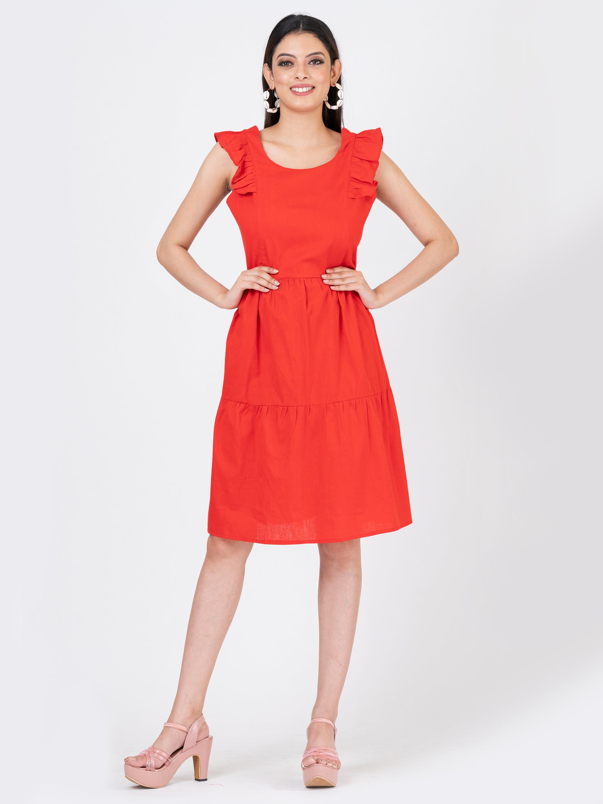 Women's Linen Cotton Red Brunch Outfits With Ruffle Sleeves-Brunch Dre S & F Online Store Women's Linen Cotton Red Brunch Outfits With Ruffle Sleeves-Brunch Dre S & F Online Store