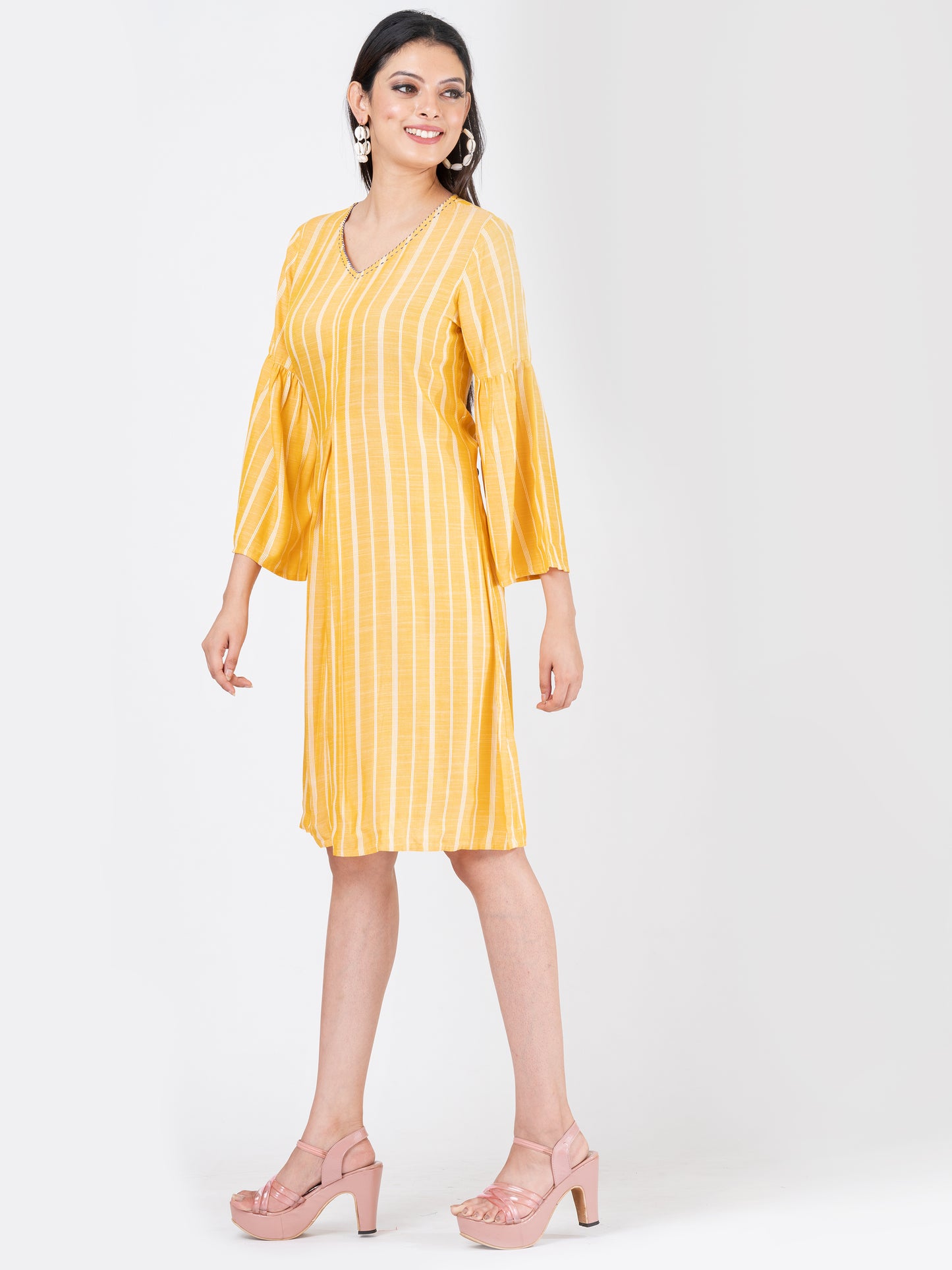 Women's Soft Cotton Yellow Striped Midi Dress