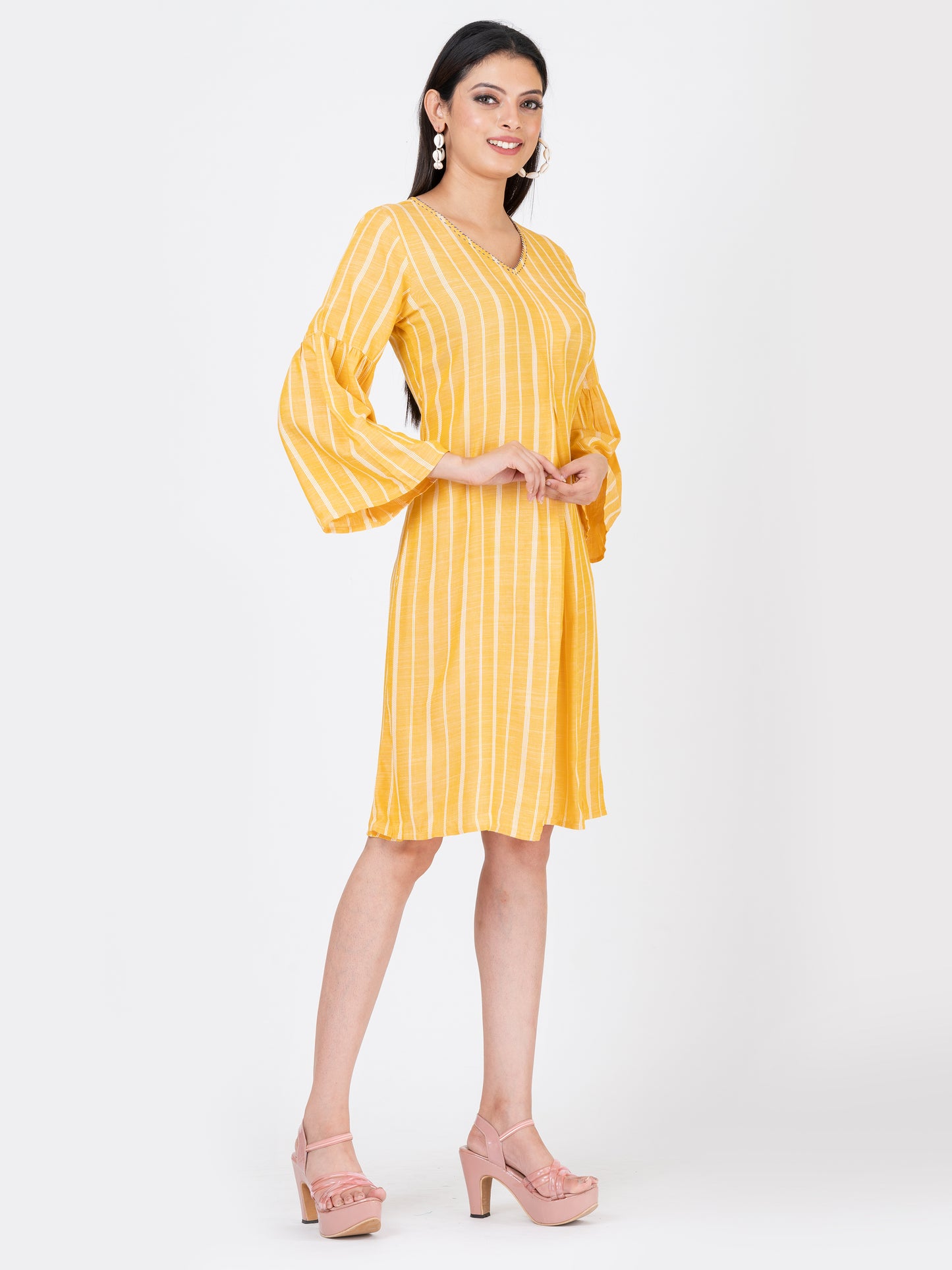 Women's Soft Cotton Yellow Striped Midi Dress