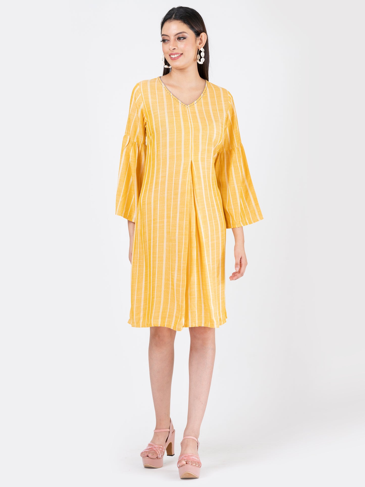 Women's Soft Cotton Yellow Striped Midi Dress