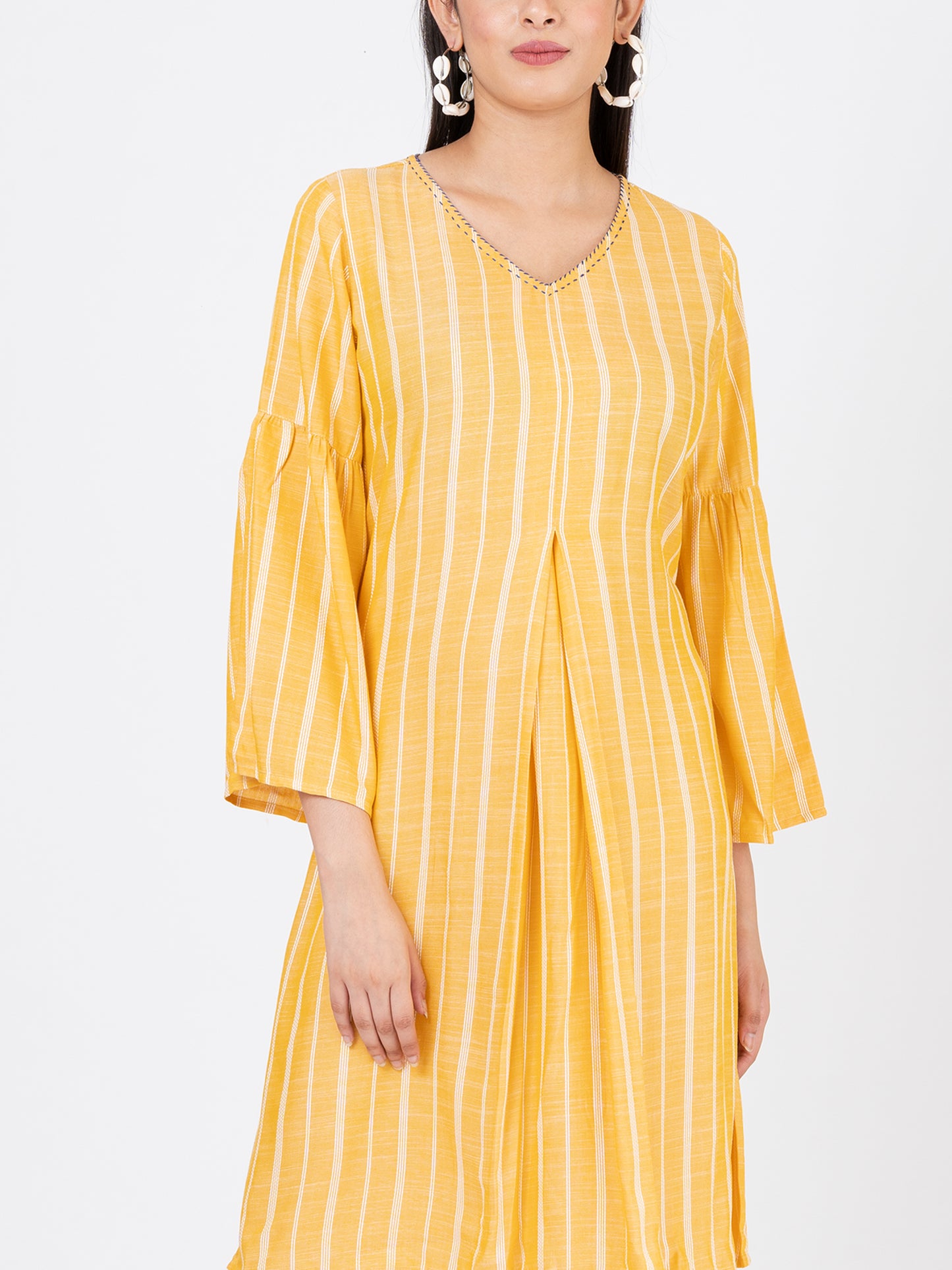 Women's Soft Cotton Yellow Striped Midi Dress