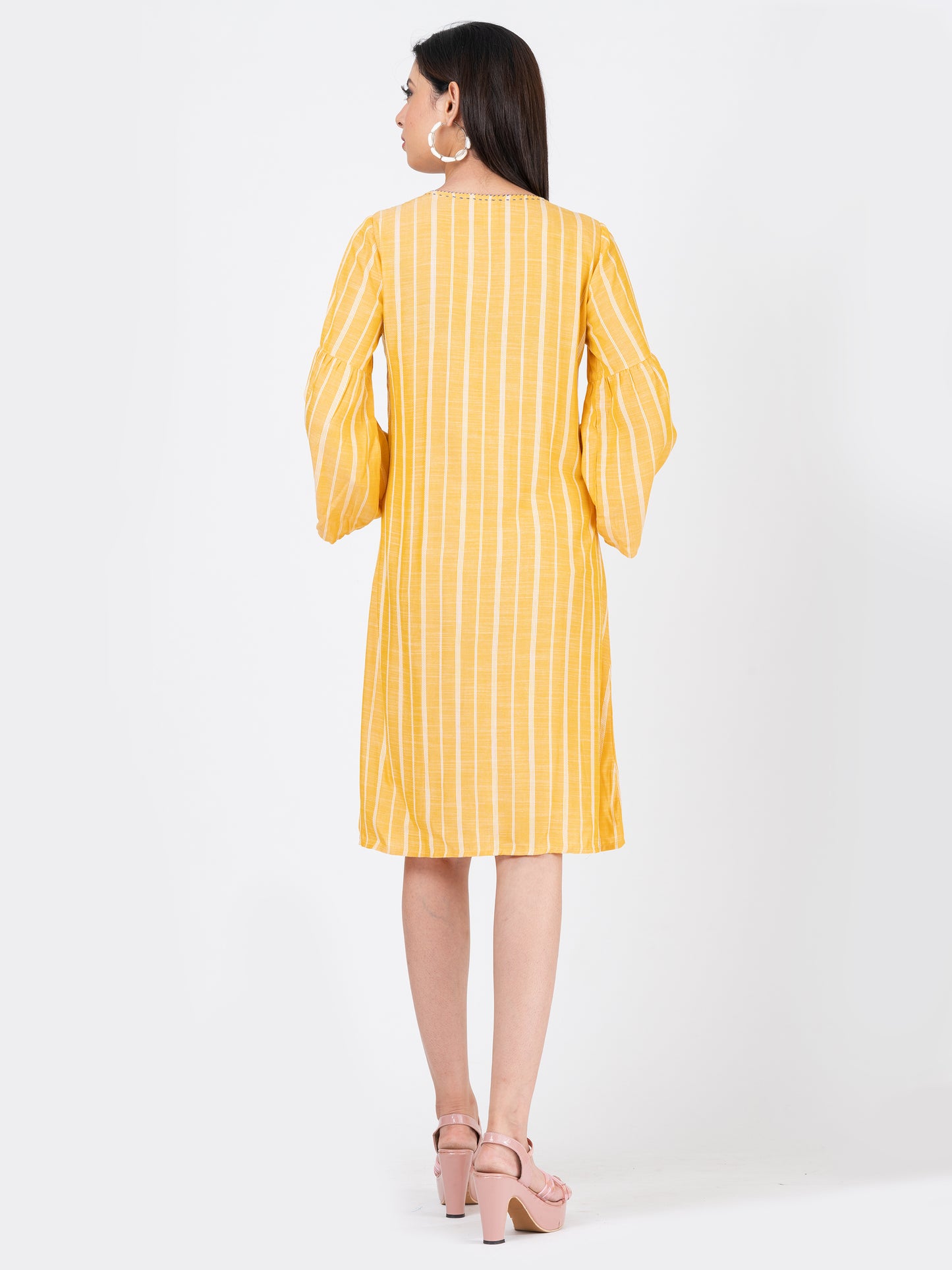 Women's Soft Cotton Yellow Striped Midi Dress