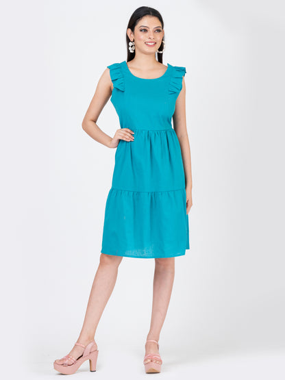 Women's Linen Cotton Teal Brunch Outfits With Ruffle Sleeves-Brunch Dress