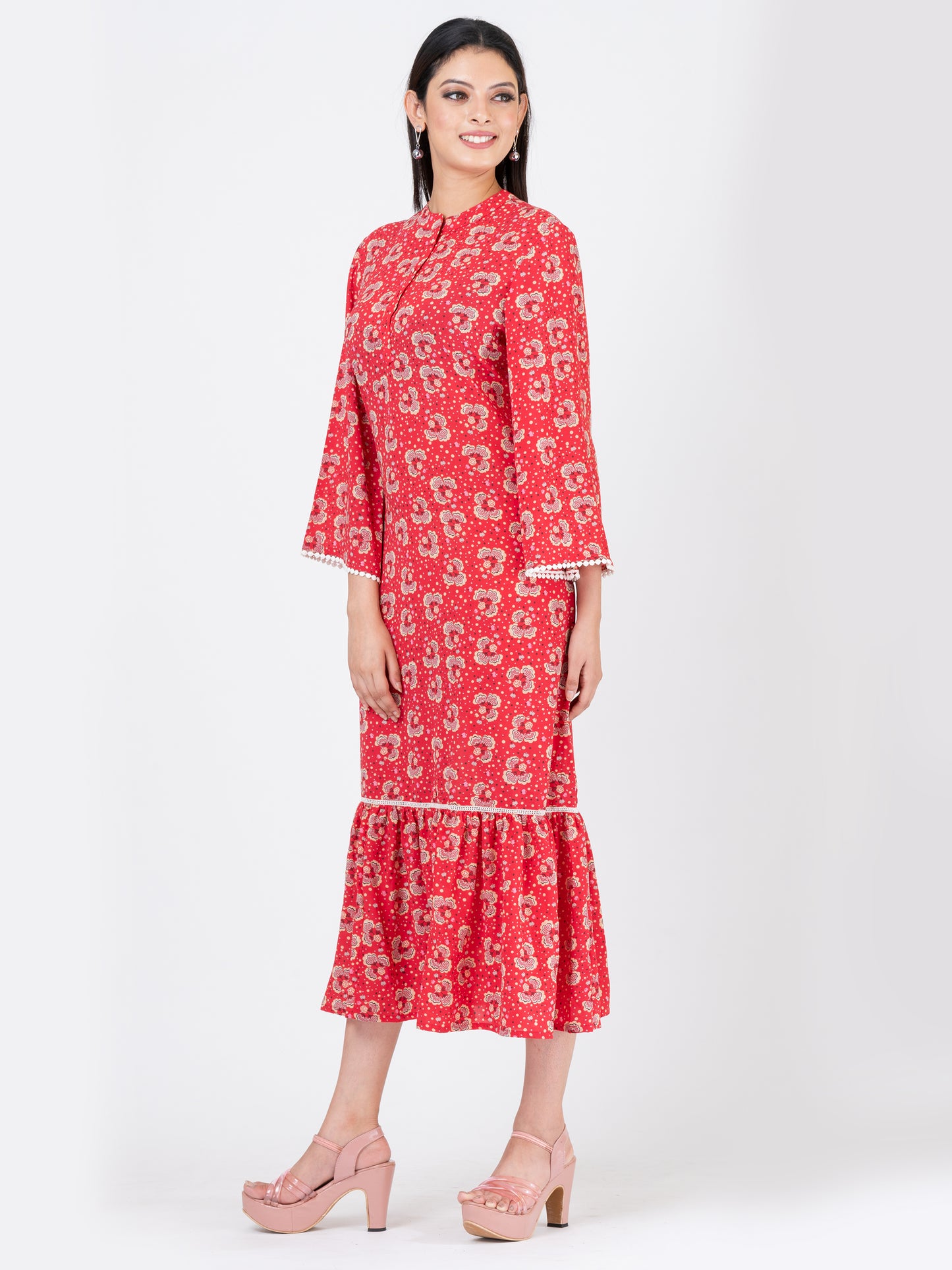 Women's Floral Printed Coral Casual Midi Dress