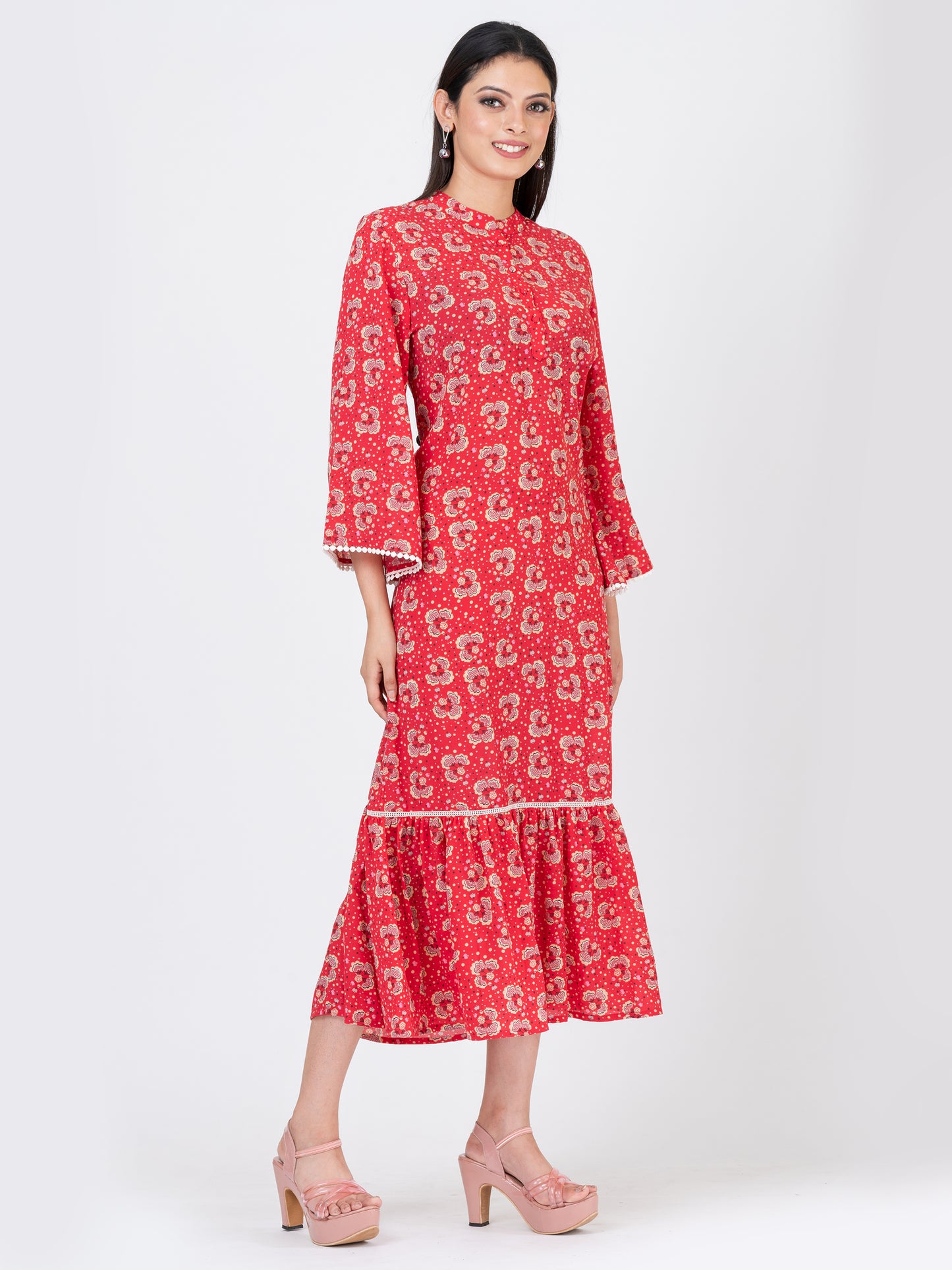 Women's Floral Printed Coral Casual Midi Dress