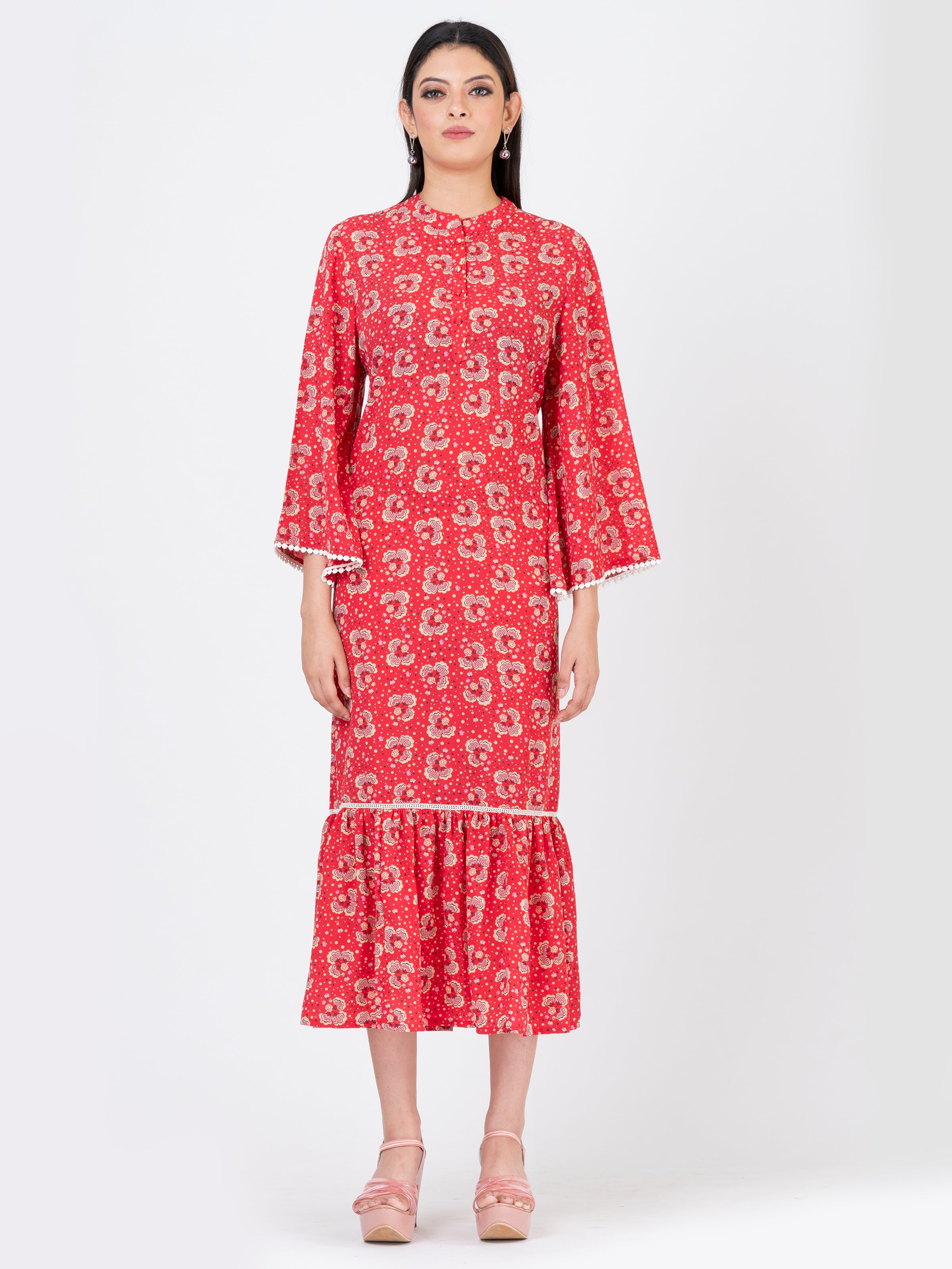 Women's V-Neck Long Sleeve Swing A-Line Dress Ladies Casual Floral Midi  Dresses | eBay