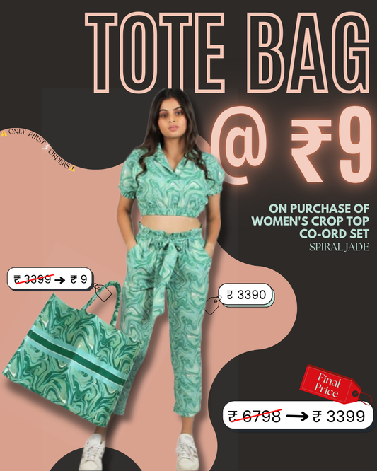 Women's crop top co-ord set spiral jade + The Market tote spiral jade